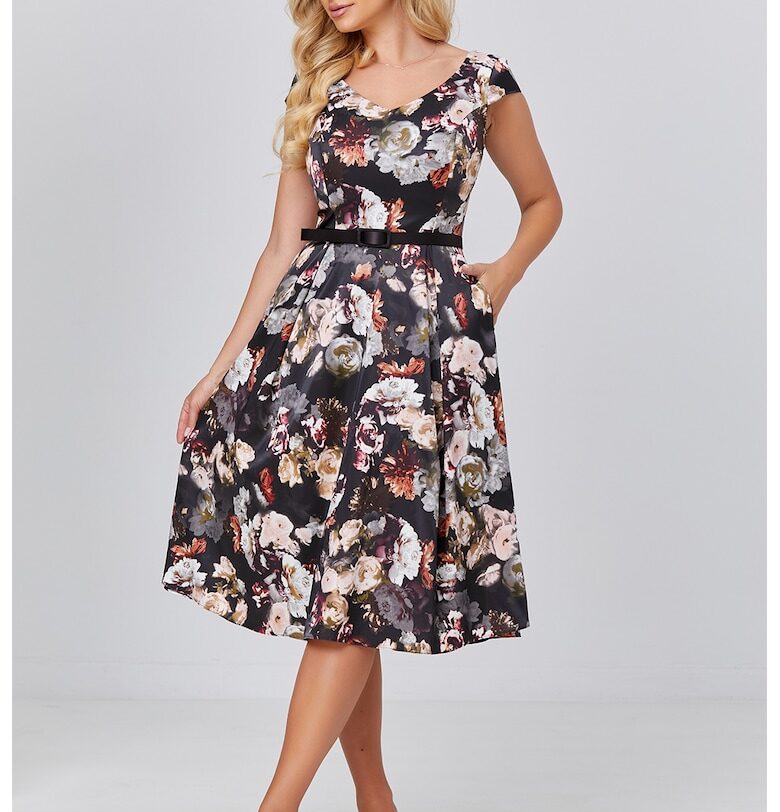 Флорална рокля с колан - Черен/Сив/Изгорен портокал BAROCCA