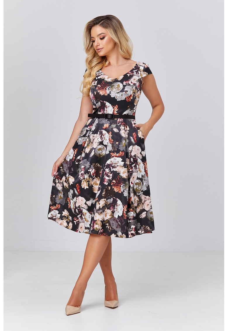 Флорална рокля с колан - Черен/Сив/Изгорен портокал BAROCCA