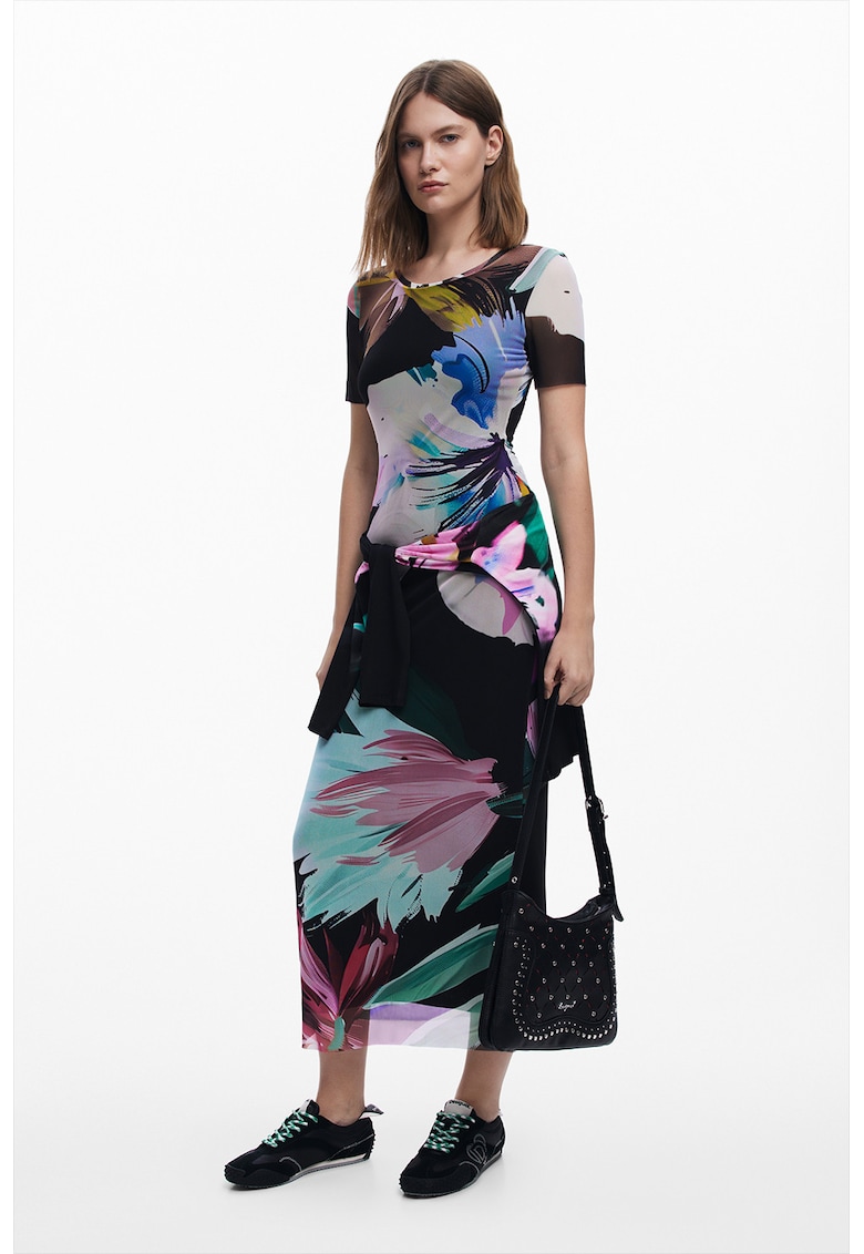 Флорална рокля с къси ръкави - Зелен/Черен/Ледено синьо DESIGUAL
