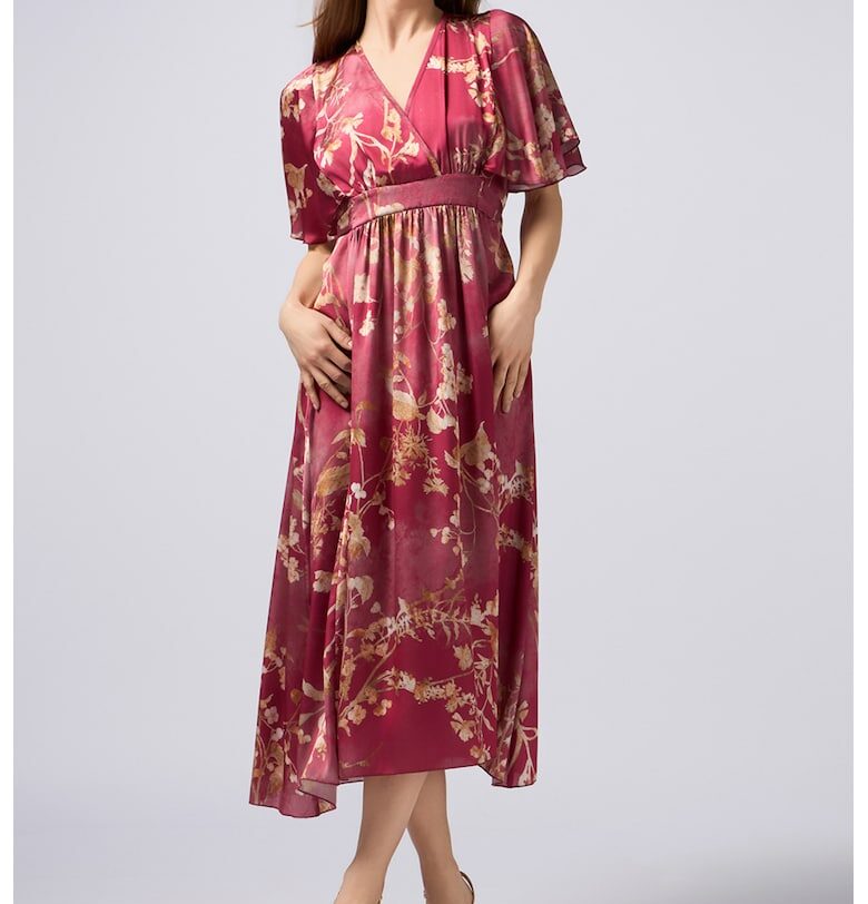 Флорална рокля с къси ръкави - Червен/Бледожълт Oltre