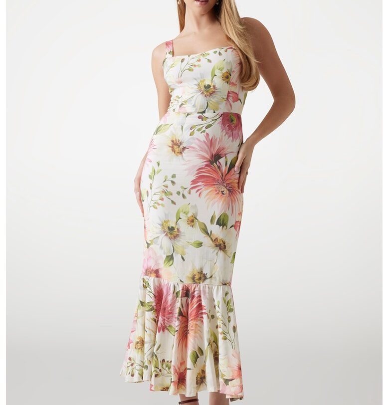 Флорална рокля с надиплен подгъв - Бял/Зелен/Розово GUESS