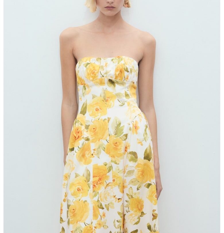 Флорална рокля с отделящи се презрамки - Сламеножълт/Маслинено зелено/Мръснобял Mango