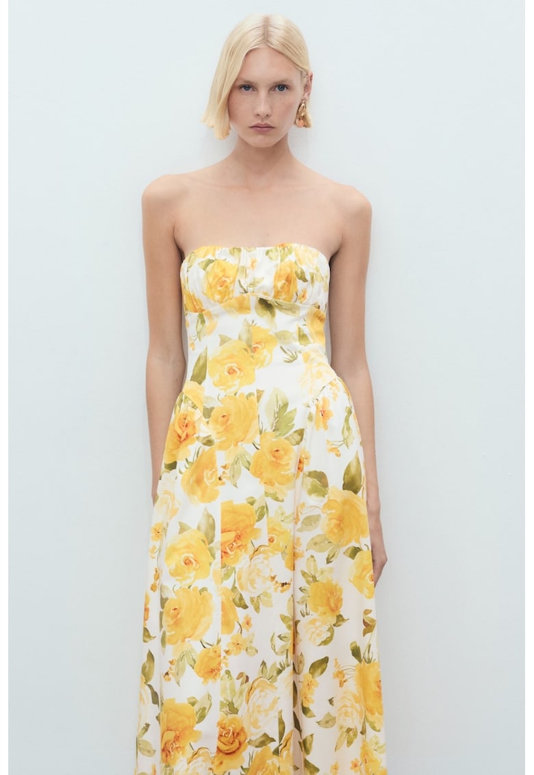 Флорална рокля с отделящи се презрамки - Сламеножълт/Маслинено зелено/Мръснобял Mango