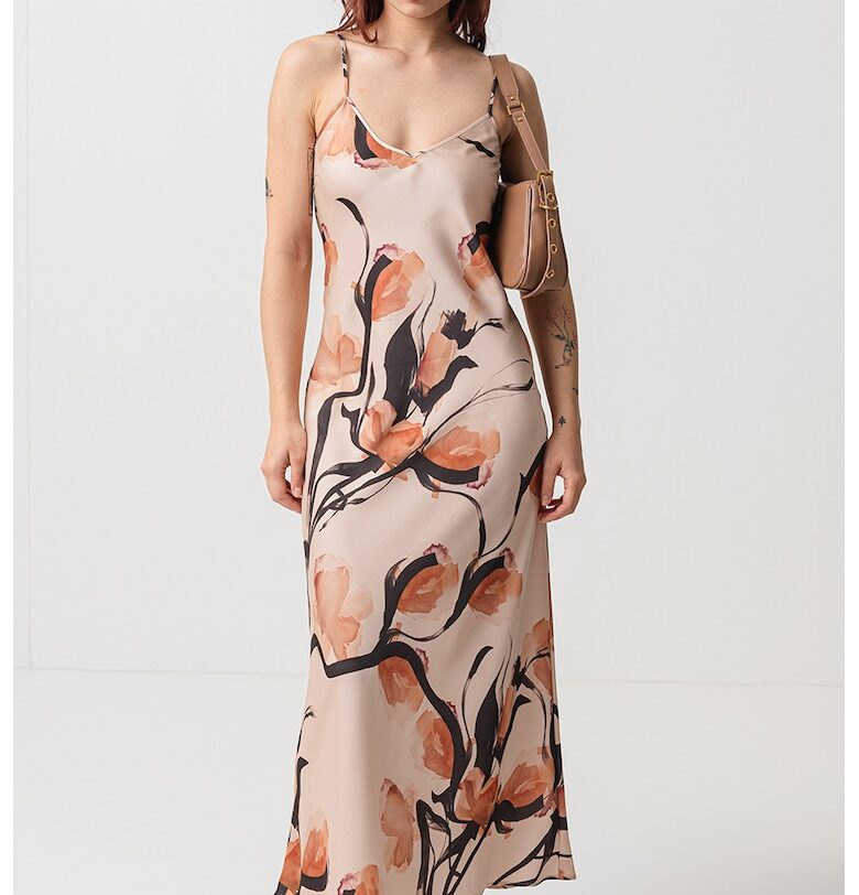 Флорална рокля с шпиц - Черен/Персийски портокал MaxCo