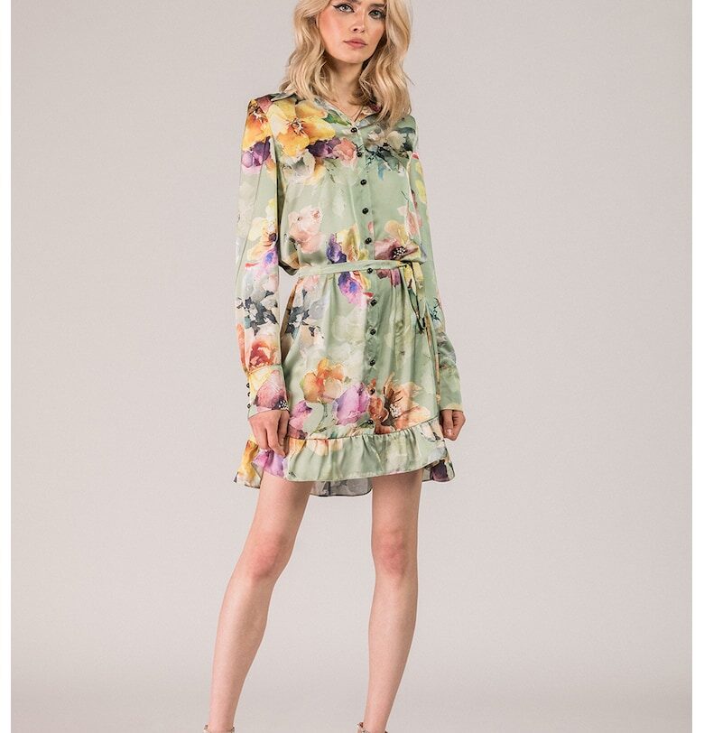 Флорална рокля тип риза с набран подгъв - Зелен/Жълт/Лилав AVENUE No29