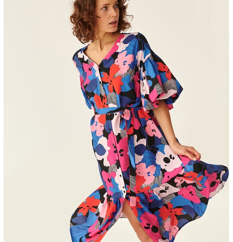 Флорална среднодълга рокля - Черен/Розово/Син Tatuum