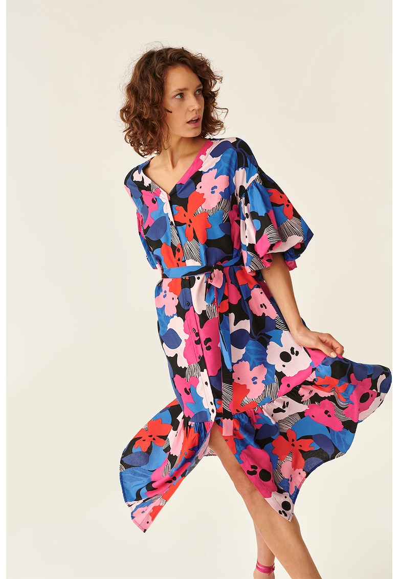 Флорална среднодълга рокля - Черен/Розово/Син Tatuum