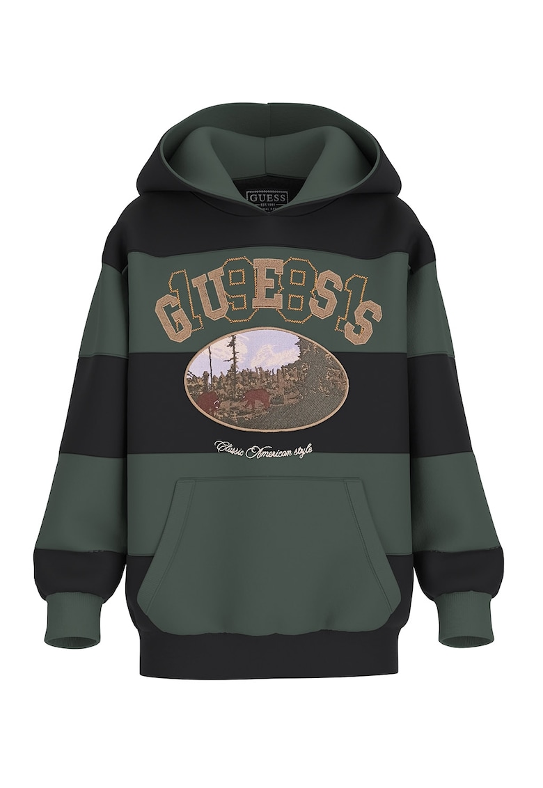 Худи на райе с джоб кенгуру и графика - Черен/Бледозелен GUESS KIDS