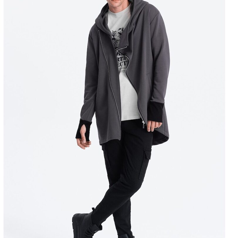 Худи с цип и асиметричен подгъв - Tъмносив OMBRE