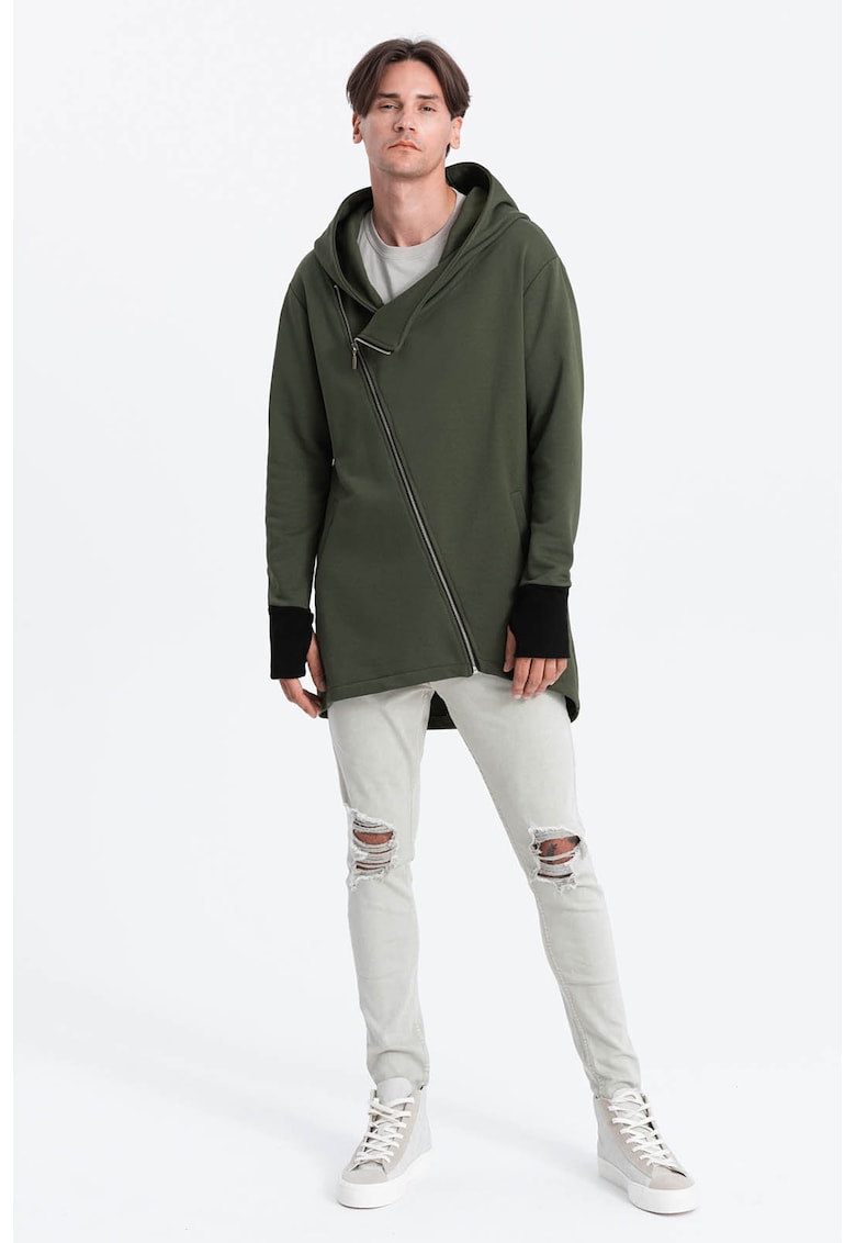 Худи с цип и асиметричен подгъв - Каки OMBRE