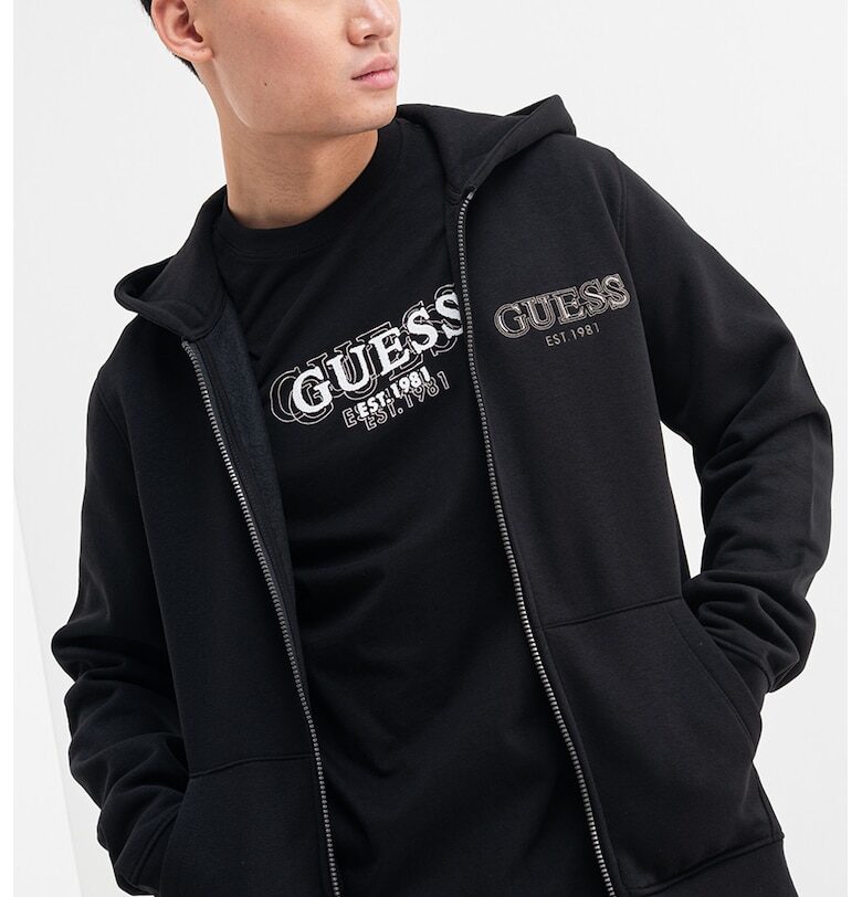 Худи с цип и бродирано лого - Черен/Пепеляво сиво GUESS