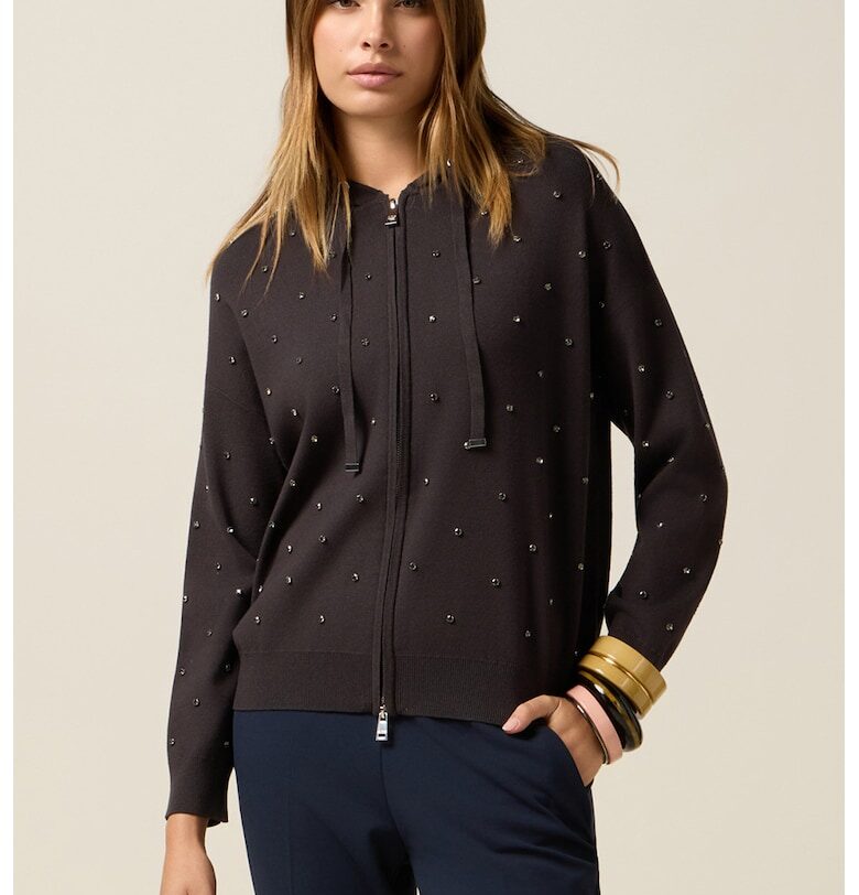 Худи с цип и декоративни камъни 1 - Тъмнокафяв Oltre