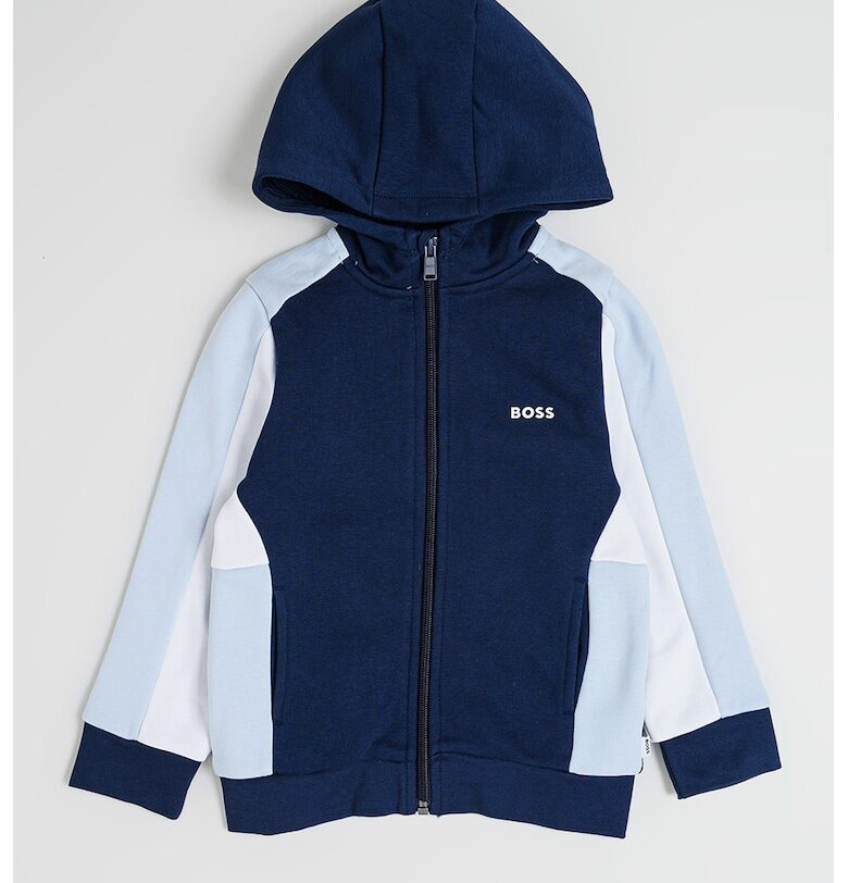 Худи с цип и лого - Бял/Бледо синьо/Тъмносин BOSS Kidswear