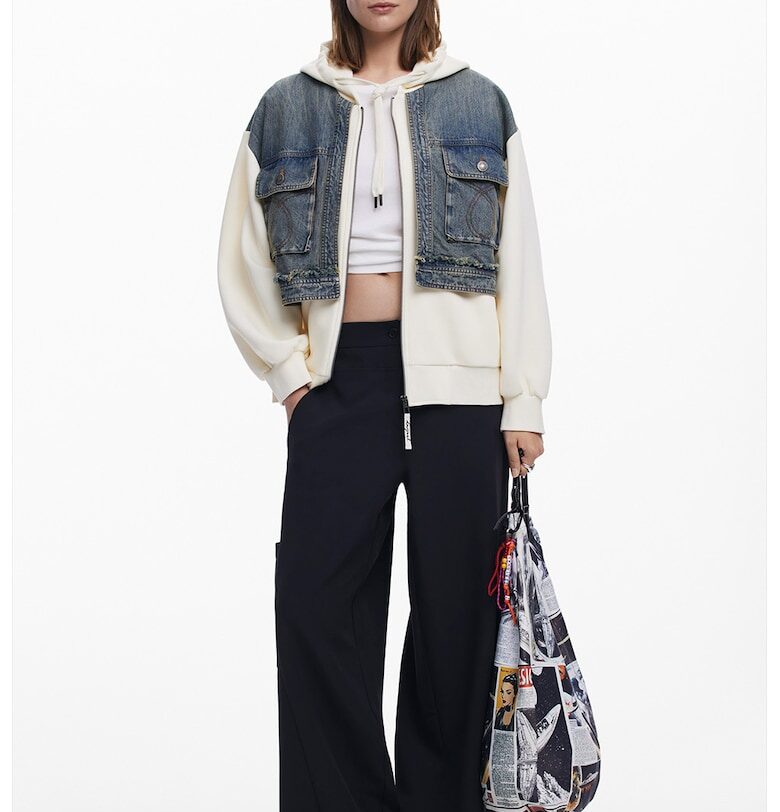 Худи с цип и лого - Слонова кост/Тъмносин DESIGUAL