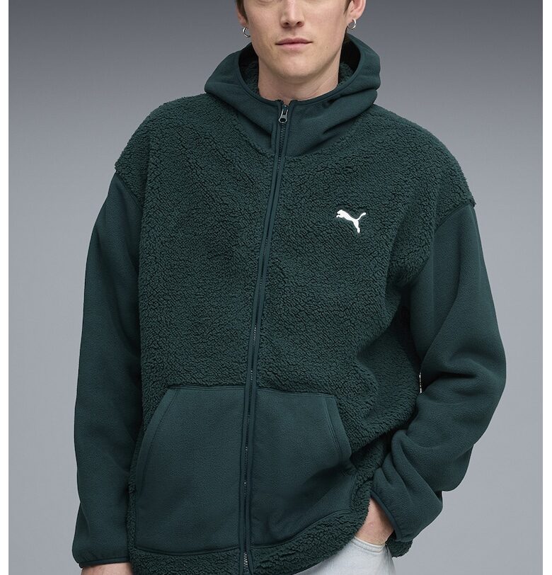 Худи с цип и лого - Тъмнозелен Puma