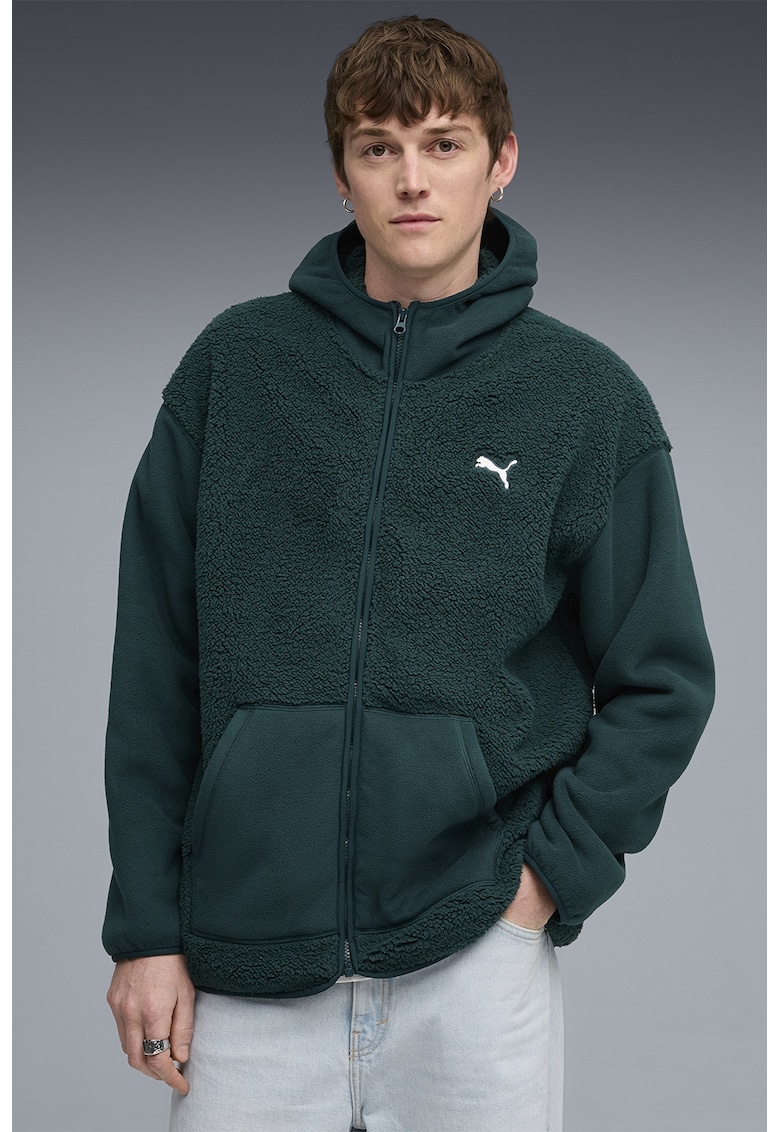Худи с цип и лого - Тъмнозелен Puma