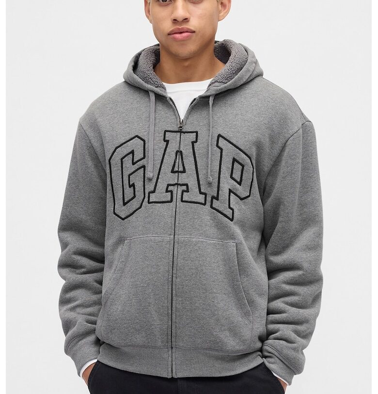 Худи с цип и лого с плюшена подплата - Меланж тъмно сиво GAP