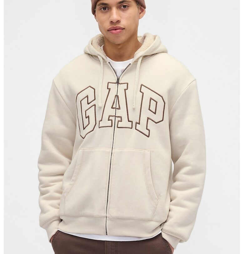 Худи с цип и лого с плюшена подплата - Тъмнокафяв/Светло бежово GAP