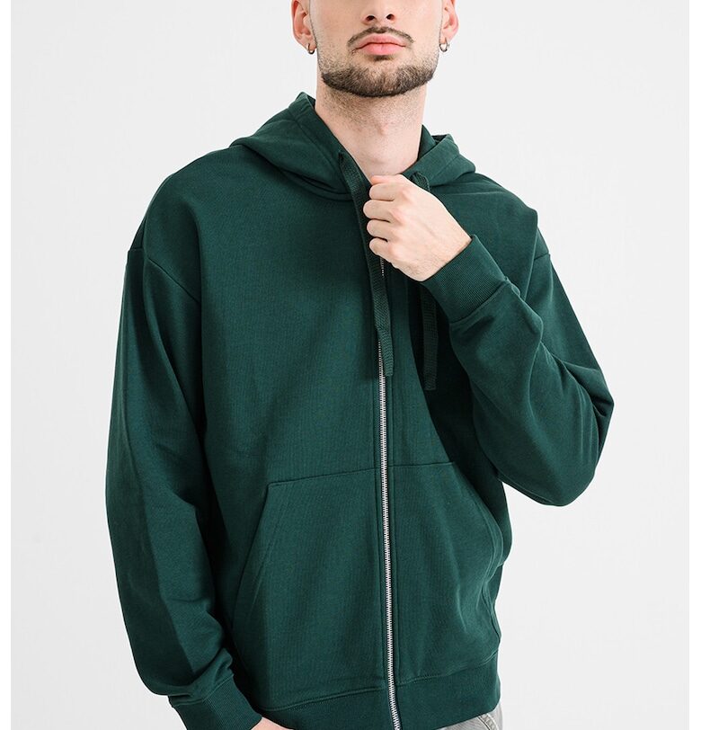 Худи с цип и скосени джобове - Тъмнозелен HUGO