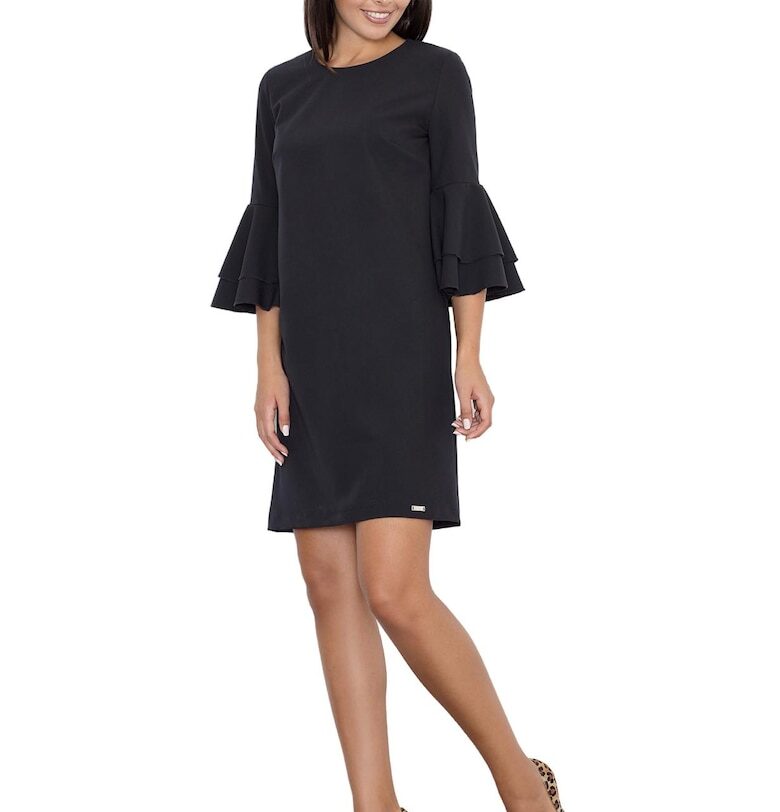 Черна рокля  M564 - с волани - 3/4 ръкави - полиестер/вискоза - черна Figl