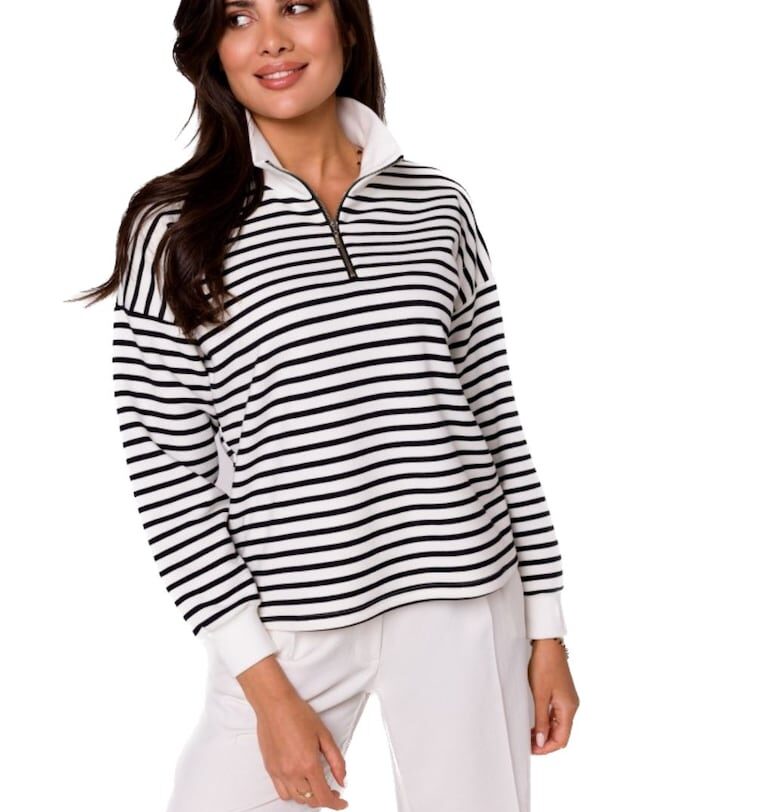 Черно-бяла дамска тениска с дълъг ръкав  Lynedamor B250 - Бял BeWear