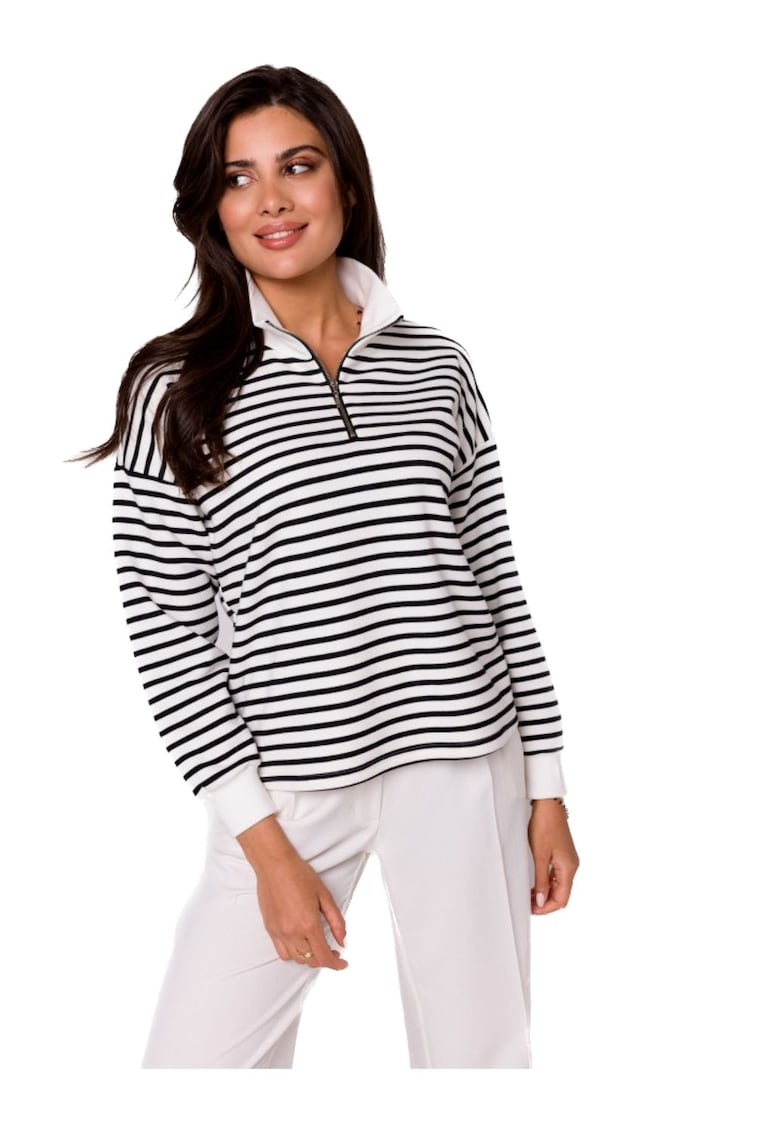 Черно-бяла дамска тениска с дълъг ръкав Lynedamor B250 - Бял BeWear