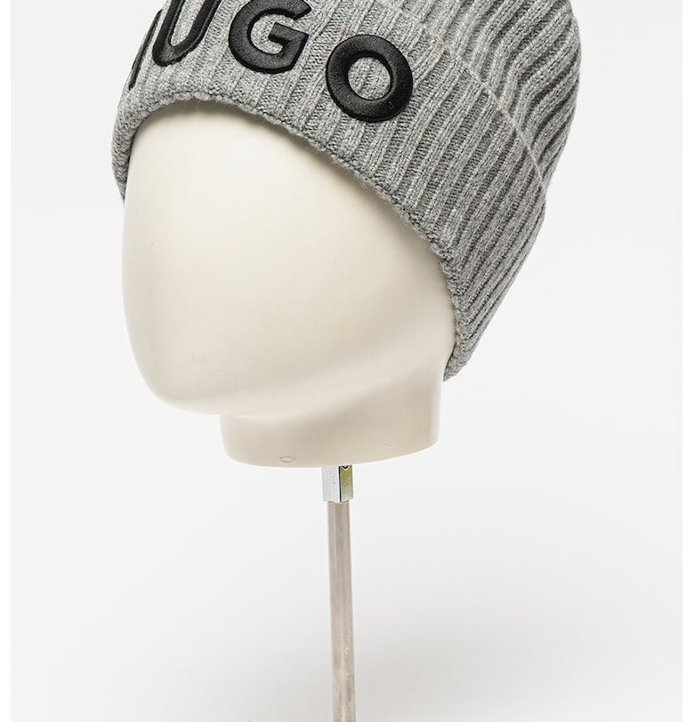 Шапка от необработена вълна с лого - Сив меланж HUGO