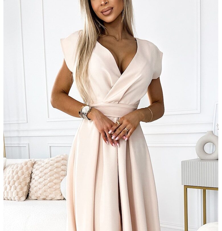 Широка рокля с деколте и колан -  Бежов Numoco