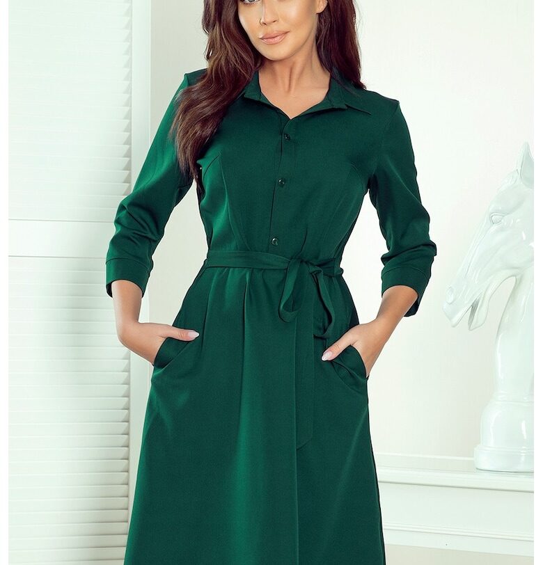 Широка рокля с яка -  Бутилково зелено Numoco