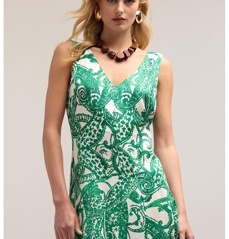 Шпиц десенирана рокля без ръкави - Бял/Зелен Motivi