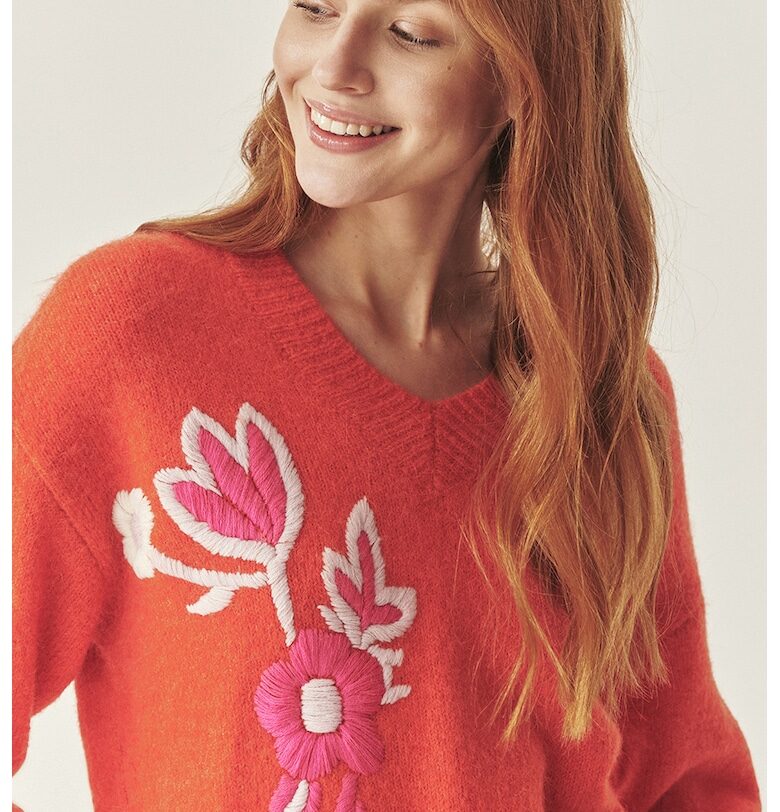 Шпиц пуловер с вълна - Бял/Корал/Розово Tatuum