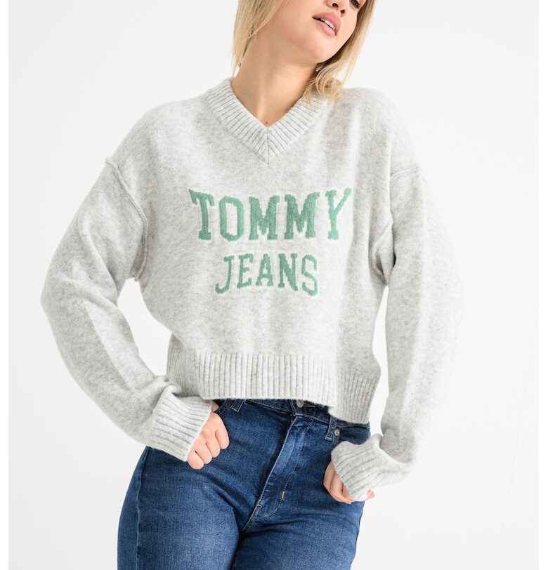 Шпиц пуловер с паднали ръкави - Сив меланж/Аква зелено Tommy Jeans