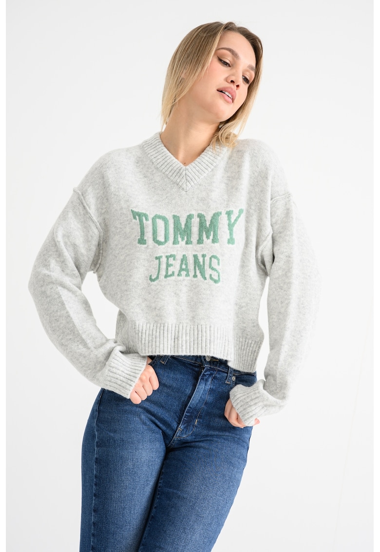 Шпиц пуловер с паднали ръкави - Сив меланж/Аква зелено Tommy Jeans