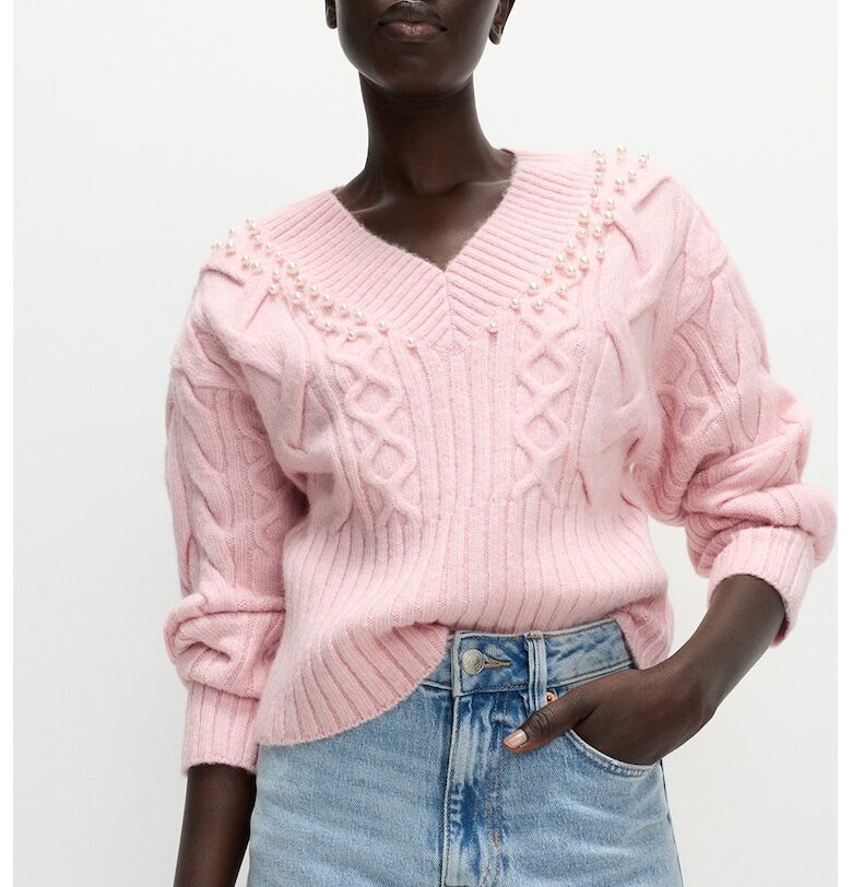 Шпиц пуловер с плетка осморка - Бледо розово Marks  Spencer