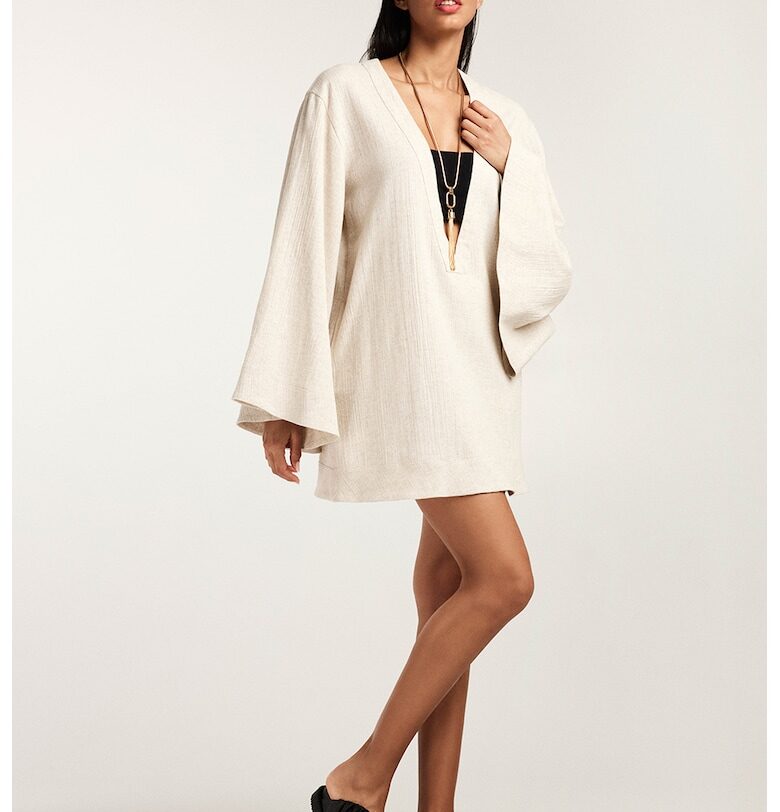 Шпиц рокля с лен - Светло бежово Alina Cernatescu