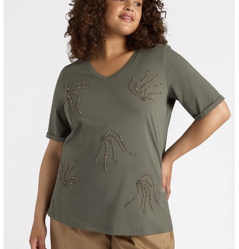 Шпиц тениска с декоративни камъни - Каки Fiorella Rubino