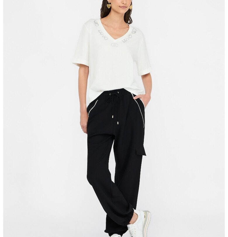 Шпиц тениска с лого от декоративни камъни - Бял Liu Jo