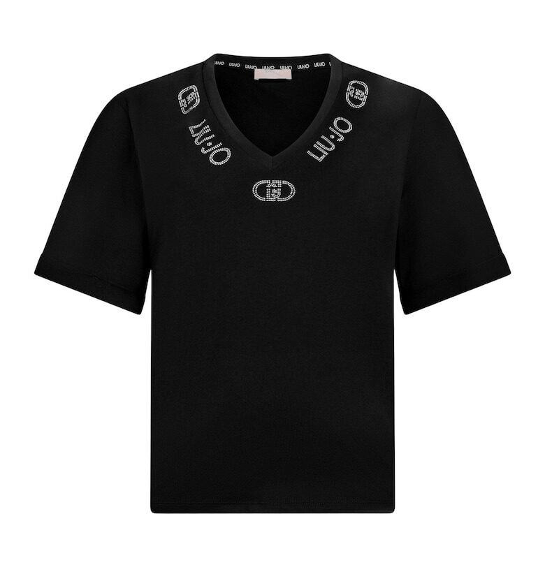 Шпиц тениска с лого от декоративни камъни - Черен Liu Jo