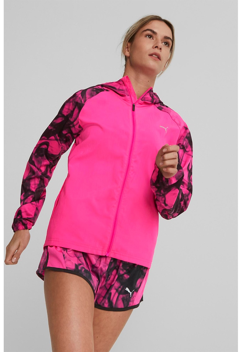 Яке за бягане с качулка и контрасти - Черен/Фуксия Puma