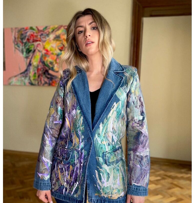 Яке от деним с раздвоен ревер и ръчна рисунка Tessuto