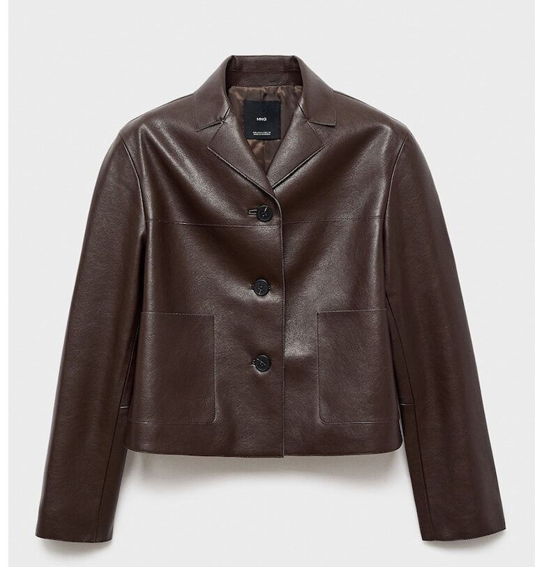 Яке от еко кожа с двойни ревери - Тъмнокафяв Mango