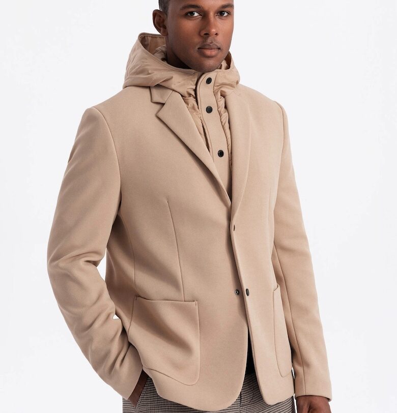 Яке с висока яка и качулка  OM-BLZB-0133 - Светлокафяв OMBRE