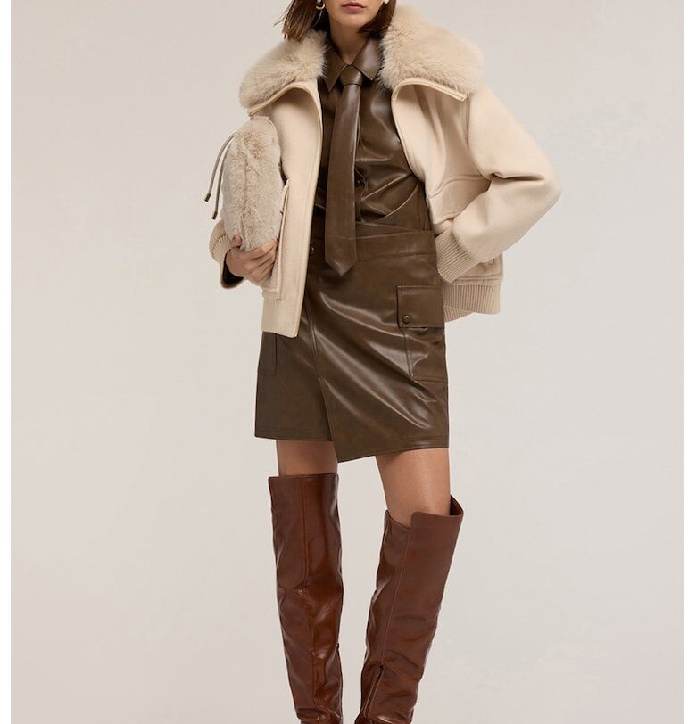 Яке с вълна с яка от еко пух - Мръснобял Motivi