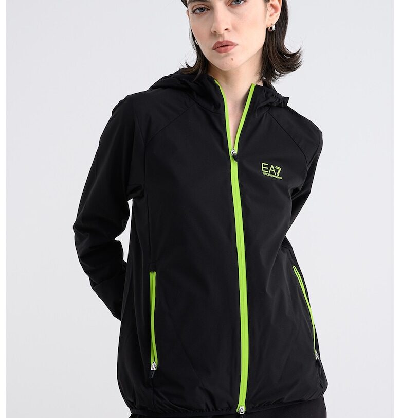 Яке с качулка и джобове с цип - Черен/Лайм зелено EA7