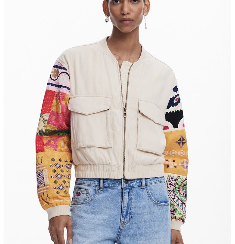 Яке с лен и контрастни ръкави - Черен/Бежов/Мандарина DESIGUAL