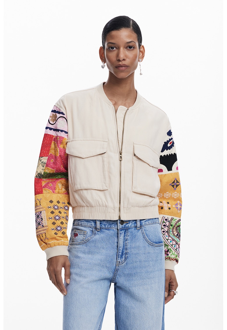 Яке с лен и контрастни ръкави - Черен/Бежов/Мандарина DESIGUAL