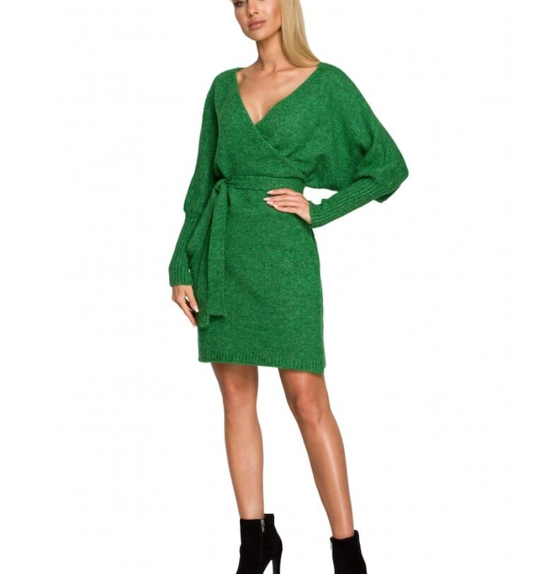 рокля-пуловер - V-образно деколте - акрил - вълна - зелено MOE