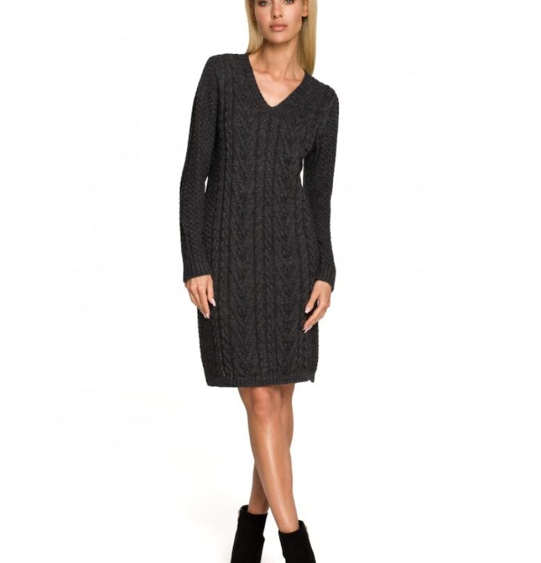 рокля-пуловер - V-образно деколте - акрил - найлон - сиво MOE