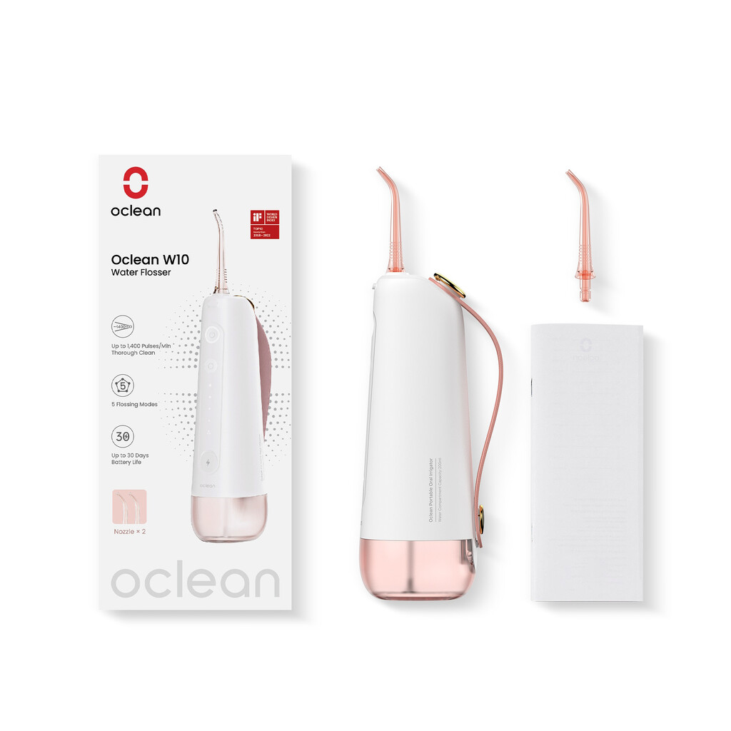 Зъбен душ Oclean W10, 5 режима, 2 накрайника, 200 мл, 1400 импулса в минута, IPX7, USB-C, Розов