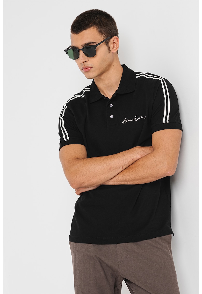 Тениска с памук - яка и лого - Черен/Бя… - Цена в shopmall.bg